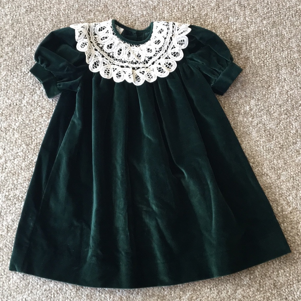 Vintage Dark Green Velvet Dress Crochet 4T